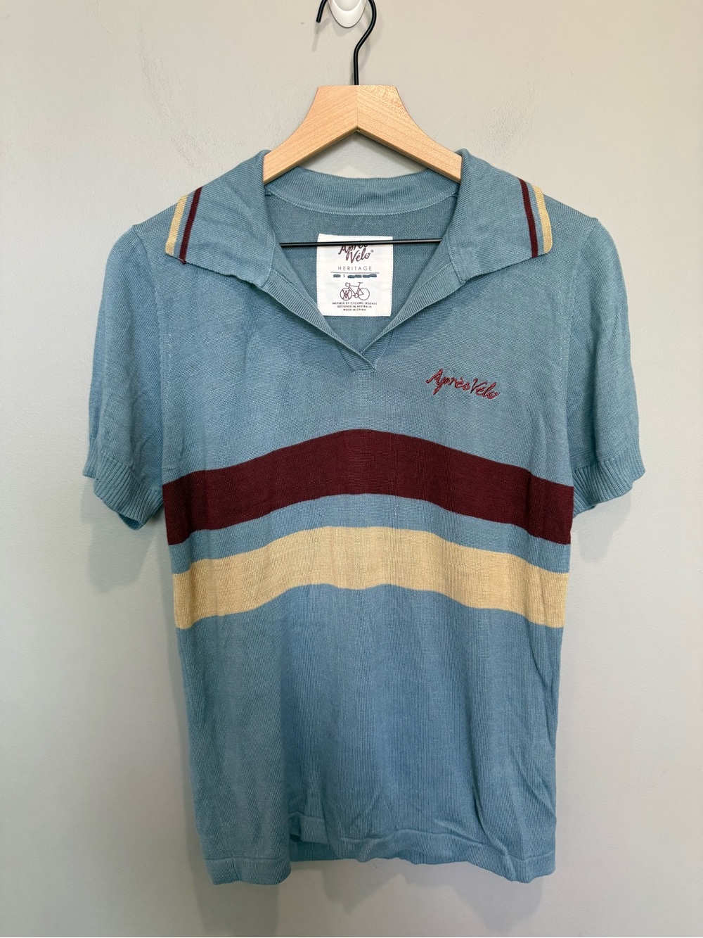 Après Vélo Heritage Wool Blend Cycling Polo Sweater Blue Stripe Size S